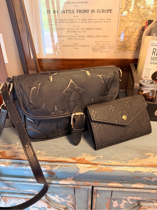 Louis Vuitton Handbags - Black Embossed Leather Crossbody Bag with Matching Wallet